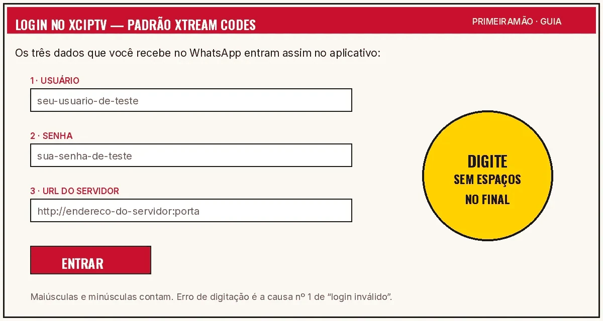 Tela de login Xtream Codes com os três campos preenchidos
