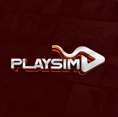 Logotipo PlaySim com detalhes em laranja, sobre fundo vermelho escuro.