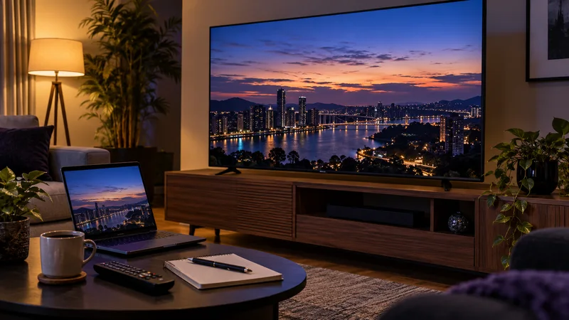 Televisão e notebook com paisagem urbana ao entardecer, caderno e controle na mesa.