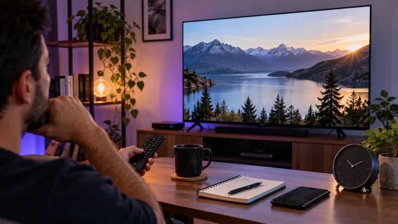 Pessoa com controle diante de televisão com montanhas ao entardecer; relógio sobre a mesa.