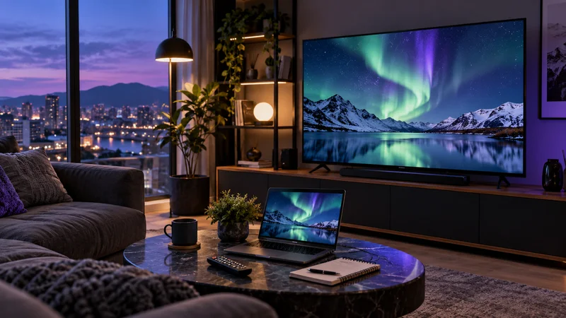Televisão e notebook com aurora sobre montanhas, caderno e caneca na mesa de centro.