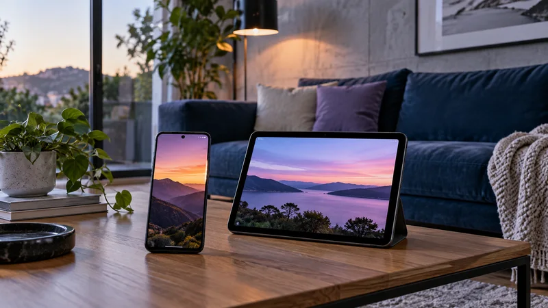 Celular e tablet com paisagens ao entardecer sobre mesa diante de sofá azul.