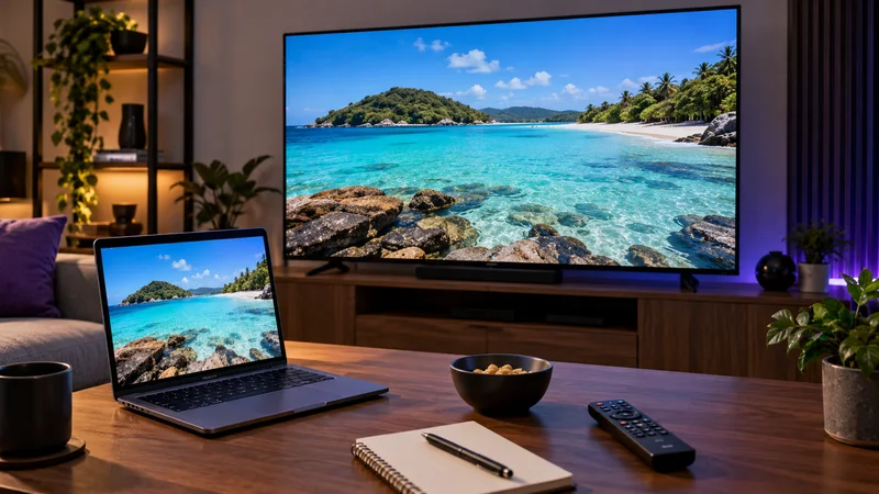 Televisão e notebook com praia tropical, controle remoto e tigela sobre a mesa.