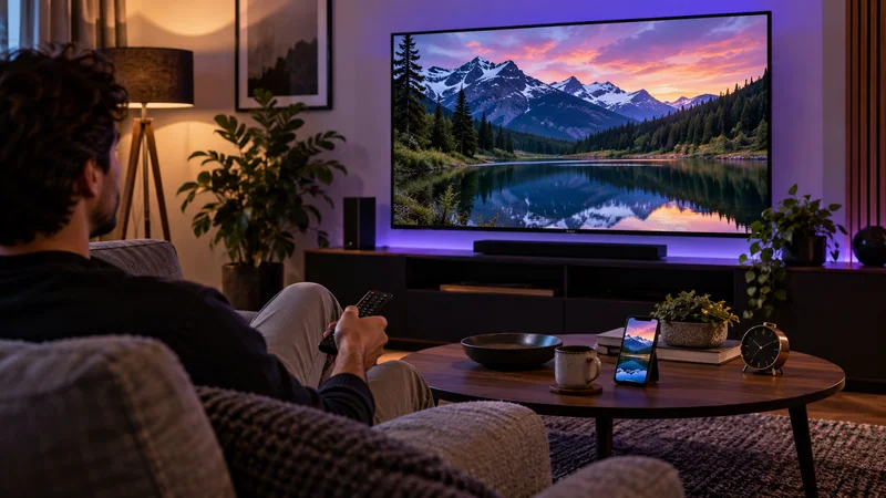 Pessoa com celular e controle remoto diante de televisão com montanhas e iluminação violeta.
